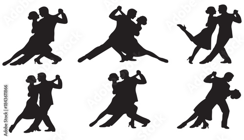 Six black silhouettes of couples performing various tango dance poses and movements.