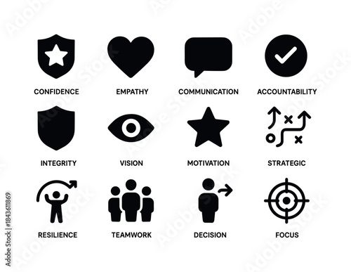 Leadership Icons Grid. Leadership qualities. Solid icon set of l