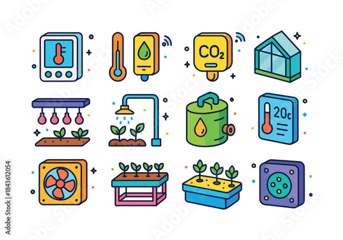 Smart Greenhouse Icons. Smart Greenhouses. Colorful isometric ve