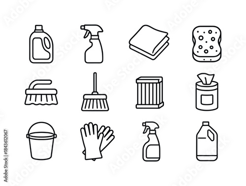 Monochrome Cleaning Icons. Cleaning supplies. Line icon set of c