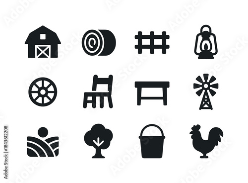 Rustic Icons Grid. Rustic Living. Solid icon set of Rustic Livin