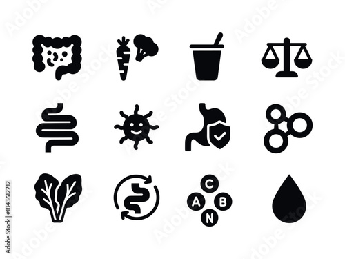 Gut Health Icons. Gut microbiome health. Solid icon set of gut m
