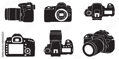 Collection of generic DSLR camera silhouettes shown from various angles and views.