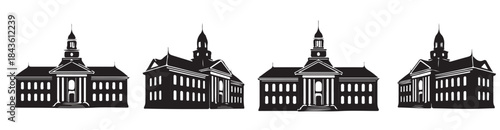 Collection of Silhouettes of a Classical Building with a Dome and Columns, Presented from Different Angles.