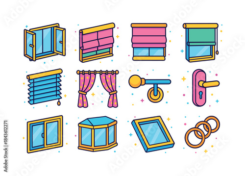 Colorful Window Icons. Windows & curtains. Colorful isometric ve