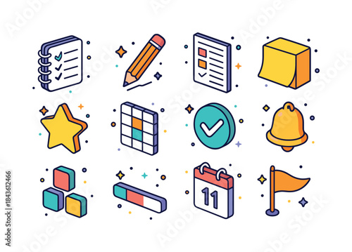 Colorful Task Icons. Making a List of Tasks to Accomplish During