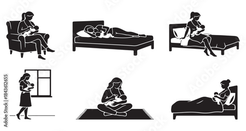 Six black and white illustrations depicting women breastfeeding babies in various positions and settings, including sitting, lying down, and standing.