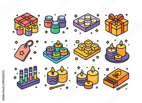 Colorful Candle Icons. Candle gift sets. Colorful isometric vect