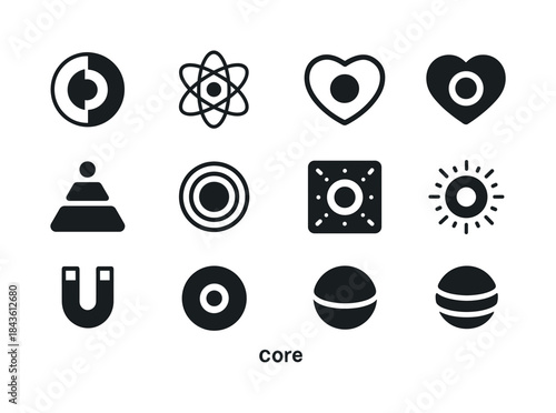 Core Icon Set. Core. Solid icon set of Core: planet core, atom c