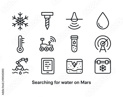 Mars Water Search Icons. Searching for water on Mars. Line icon
