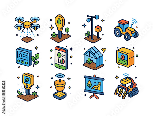 Smart Farming Icons. Smart Farming Technologies. Colorful isomet