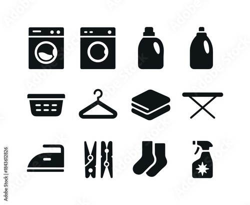 Laundry Icon Set. Laundry routine. Solid icon set of laundry rou