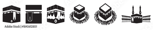 Collection of black and white vector icons depicting the Kaaba, some with decorative borders or minarets, representing Islamic pilgrimage and holy sites.