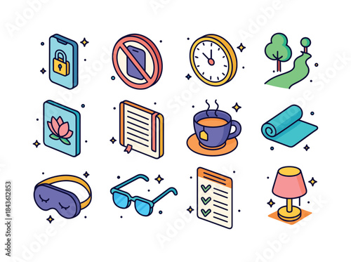 Digital Detox Icons. Digital detox for health. Colorful isometri