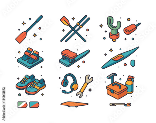 Rowing Gear Icons. rowing equipment. Colorful isometric vector i