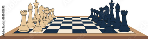 Digital illustration of wooden chessboard with black and white pieces arranged for game strategy concept in flat modern design