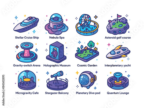 Space Leisure Icons. Future space leisure. Colorful isometric ve