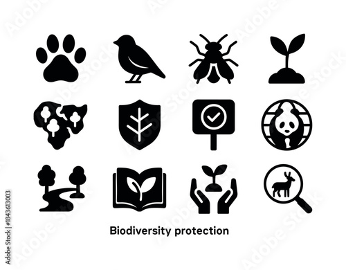 Biodiversity Icons Grid. Biodiversity protection. Solid icon set