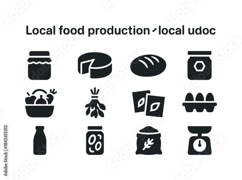 Local Food Icons. Local food production. Solid icon set of Local