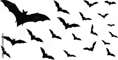 Flying bat silhouettes, Halloween theme, black and white illustration, spooky night, gothic wildlife, eerie motion, nocturnal animals, dramatic composition, horror art