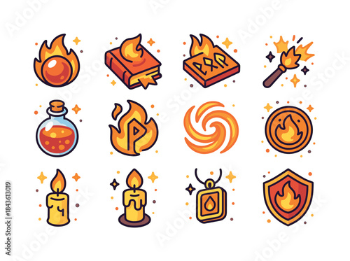 Fiery Magic Icons. Fire Magic. Colorful isometric vector icons s