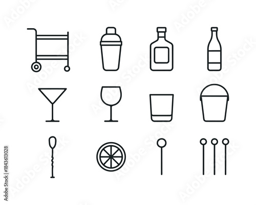Stylish Bar Cart Icons. A stylish bar cart with liquor and glass