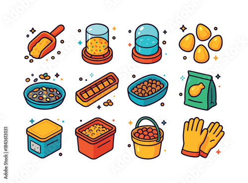 Colorful Chicken Feeding Icons. Feeding Chickens. Colorful isome