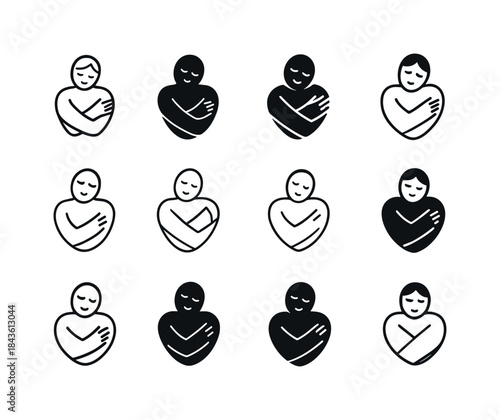 Self-Love Icon Set. A person hugging themselves, practicing self