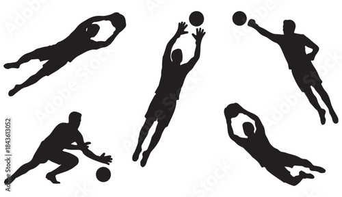 Silhouettes of soccer goalkeepers making saves and dives for the ball in various action poses.