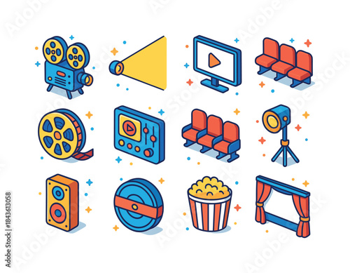 Isometric Cinema Icons. A film projector casting light onto a bi