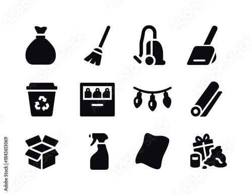 Holiday Cleaning Icons. Cleaning Up After Holidays. Solid icon s