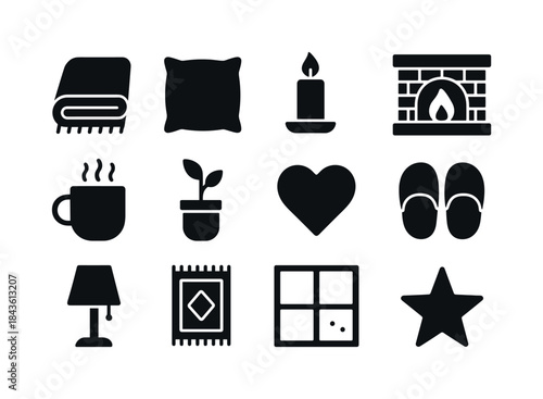 Cozy Home Icons. Home warmth. Solid icon set of home warmth: bla