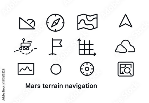 Mars Navigation Icons. Mars terrain navigation. Line icon set of