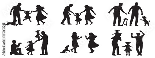 Set of six black silhouette illustrations featuring families, children, adults, and dogs in different poses and interactions, representing various relationships.