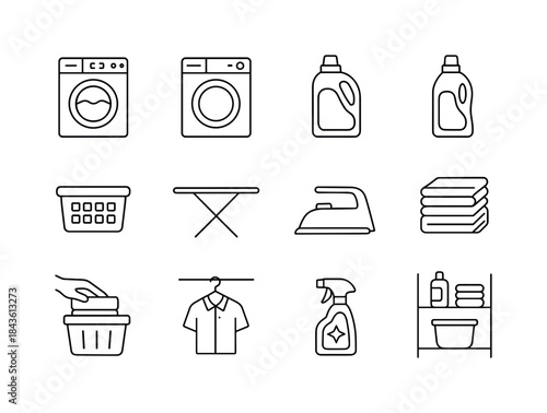 Laundry Vector Icons. Laundry cleaning scene. Line icon set of l