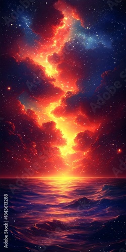 A breathtaking view of a colorful cosmic sky reflecting on the tranquil ocean, featuring vibrant hues of orange, blue, and purple as the sun sets on the horizon.