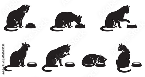 Six black cat silhouettes demonstrating various behaviors around a food bowl, including eating, pawing, and resting.