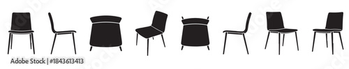 Eight black minimalist chairs shown in different orientations against a white background.