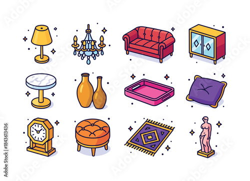 Glamorous Interior Icons. Glam interiors. Colorful isometric vec
