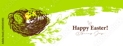 Cute Easter vintage hand drawn poster with willow branch and egg nest. Greeting card and invitation design. Retro sketch vector illustration