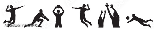 Silhouettes of volleyball players in various action poses, including jumping, serving, setting, blocking, and diving.