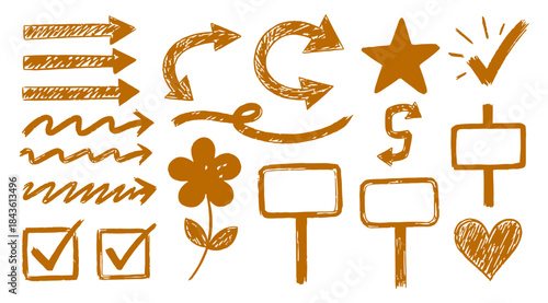 Line pencil arrow color brush kid style set Crayon chalk scribble underline and check mark cute highlight texture Hand drawn pastel