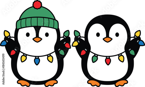 Cute vector illustration of two cartoon penguins holding colorful Christmas string lights, with one wearing a green winter hat, perfect for holiday greetings, stickers, and seasonal decorations.