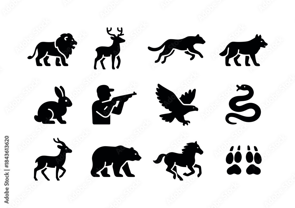 Fototapeta premium Wildlife Chasing Icons. Wildlife Chasing. Solid icon set of Wild
