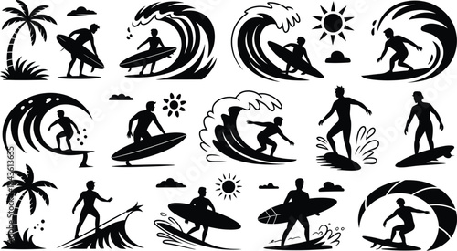 Silhouette surfer icons with waves, palm trees, and beach scenes,Collection of black surfer silhouettes featuring various surfing poses, wave formations, suns, and tropical elements like palm trees