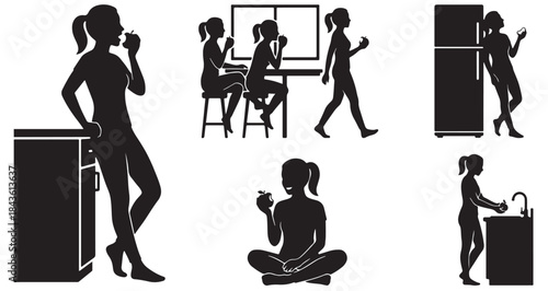 Silhouettes of women engaged in various daily activities like drinking, working, walking, using a phone, eating, and washing.