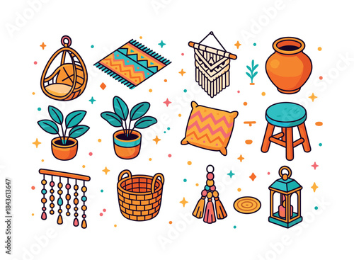 Boho Living Room Icons. Boho living room. Colorful isometric vec