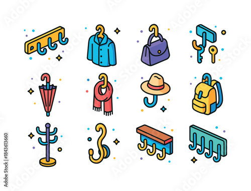 Colorful Hook Organization Icons. Using hooks to organize bags a