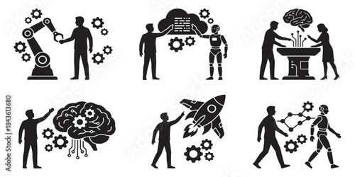 Illustrations depicting various aspects of artificial intelligence, robotics, cloud computing, and technological innovation with human interaction.