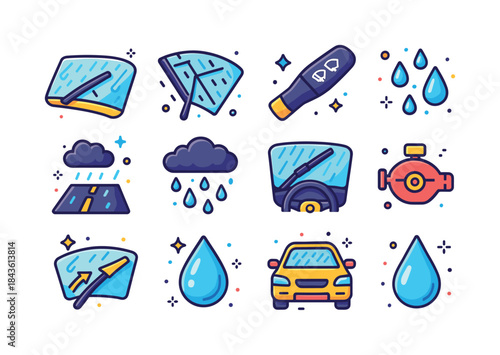 Colorful Rainy Drive Icons. Windshield wipers in rain. Colorful